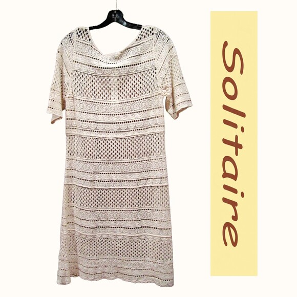 Solitaire NEW Boho Medallion-Stripe Allover Crochet Half Sleeve Shift Dress S - Picture 11 of 12